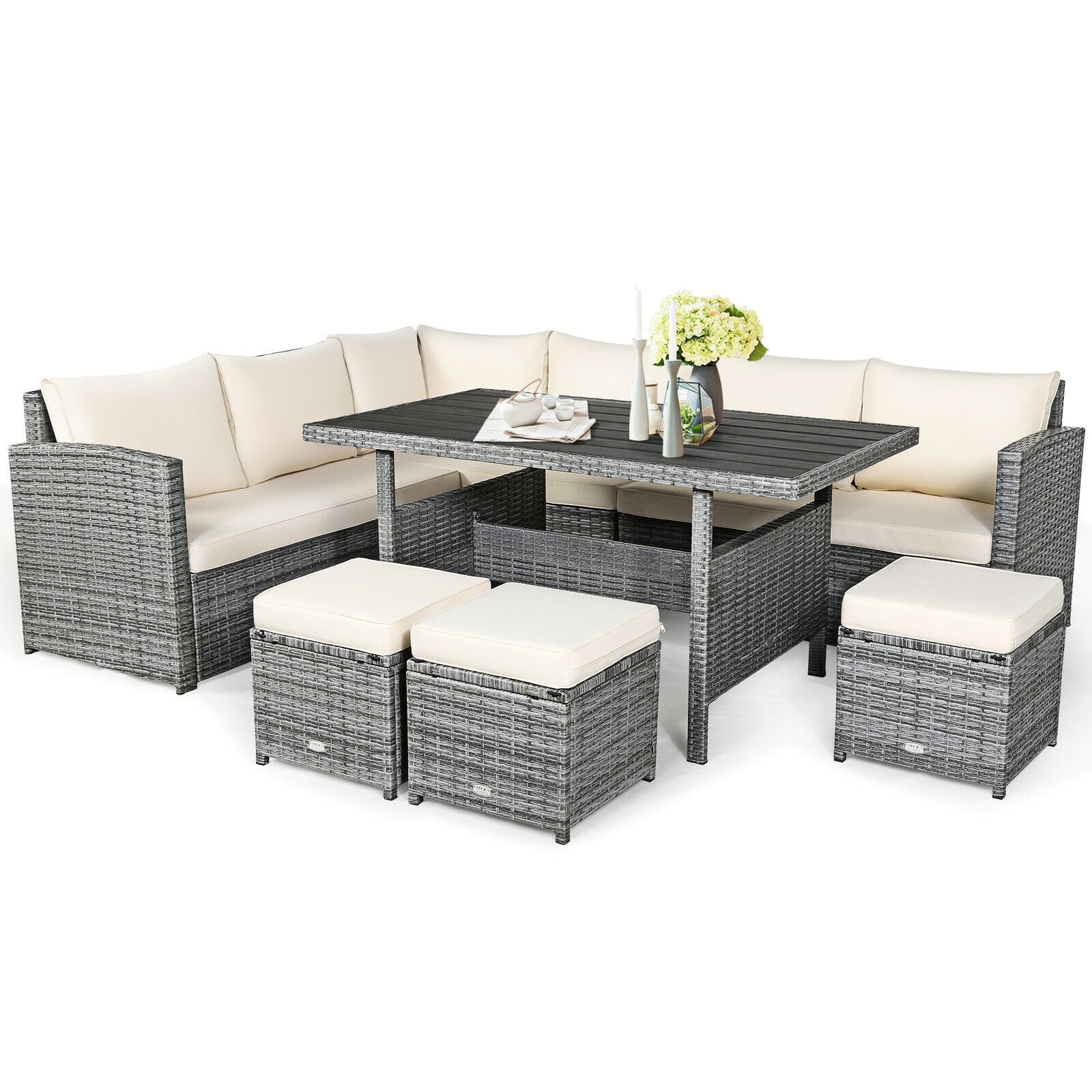7 Pieces Patio Rattan Dining Furniture Sectional Sofa Set with Wicker Ottoman
