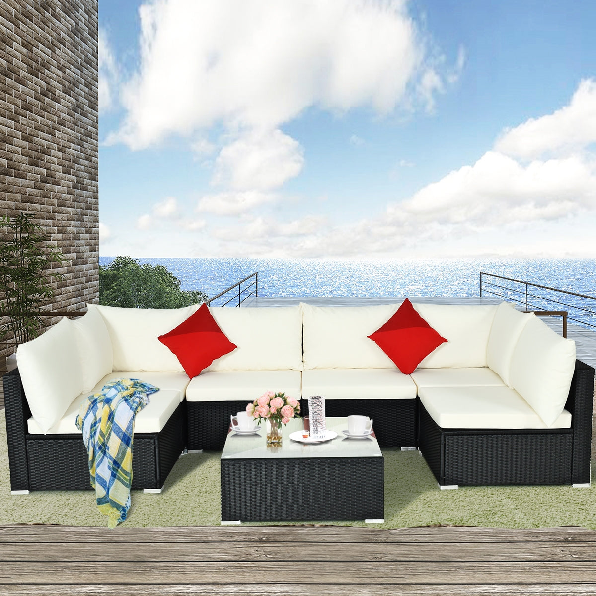 7-Piece Outdoor Sectional Wicker Patio Sofa Set with Tempered Glass Top