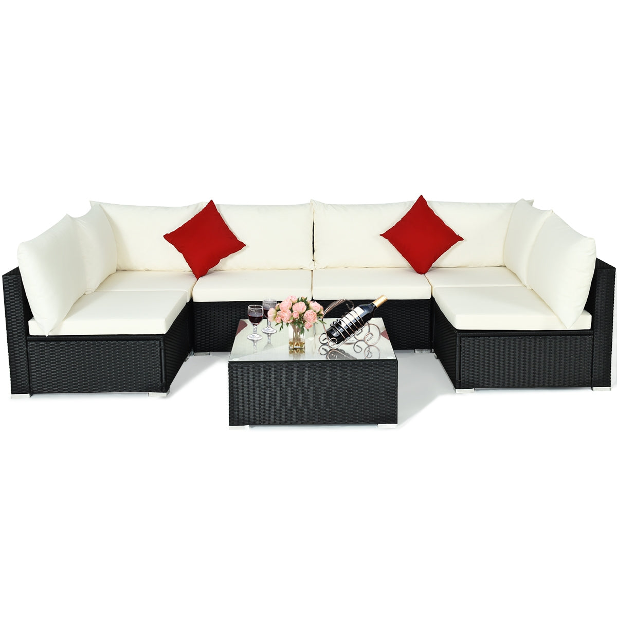 7-Piece Outdoor Sectional Wicker Patio Sofa Set with Tempered Glass Top