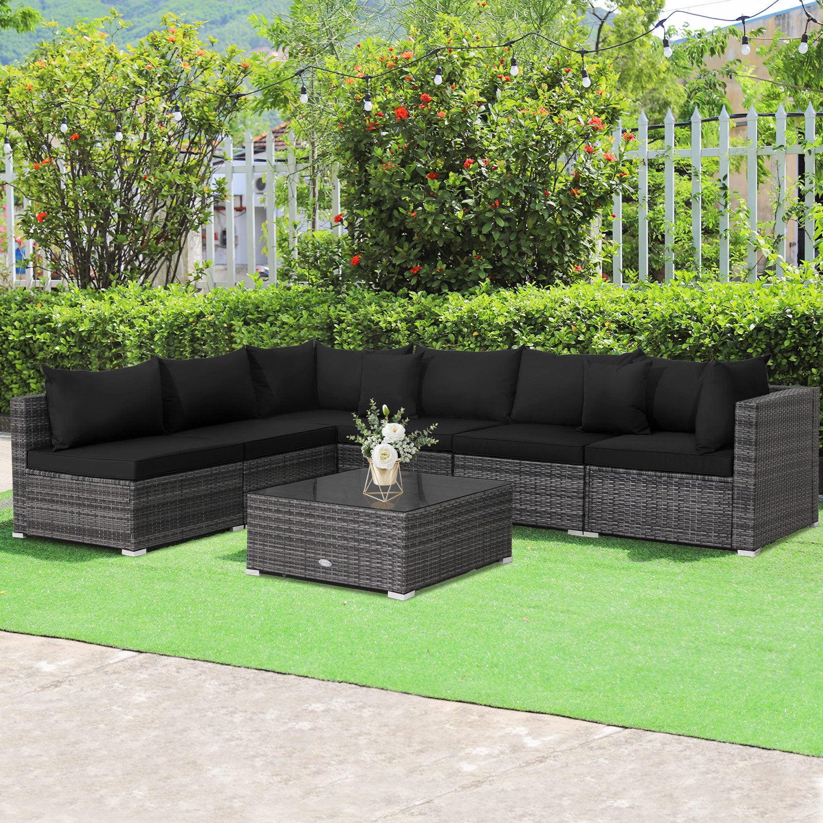 7 Pieces Patio Rattan Furniture Set Sectional Sofa Garden Cushion