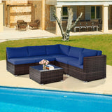 6 Pieces Patio Rattan Furniture Set with Cushions and Glass Coffee Table