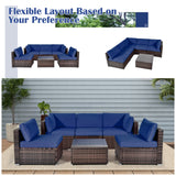 6 Pieces Patio Rattan Furniture Set with Cushions and Glass Coffee Table