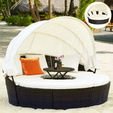Patio Round Rattan Daybed with Retractable Coffee Table and Canopy