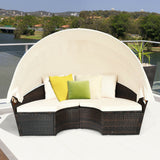 Patio Round Rattan Daybed with Retractable Coffee Table and Canopy