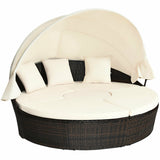 Patio Round Rattan Daybed with Retractable Coffee Table and Canopy