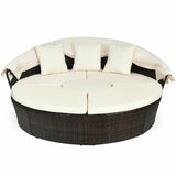 Patio Round Rattan Daybed with Retractable Coffee Table and Canopy
