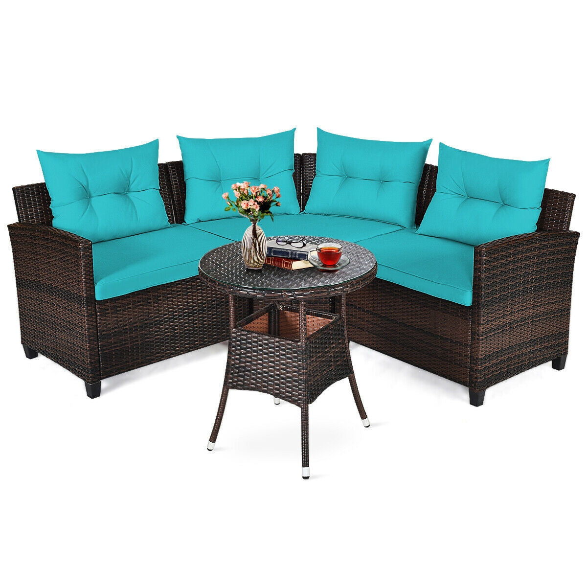 4 Pcs Outdoor Cushioned Rattan Furniture Set