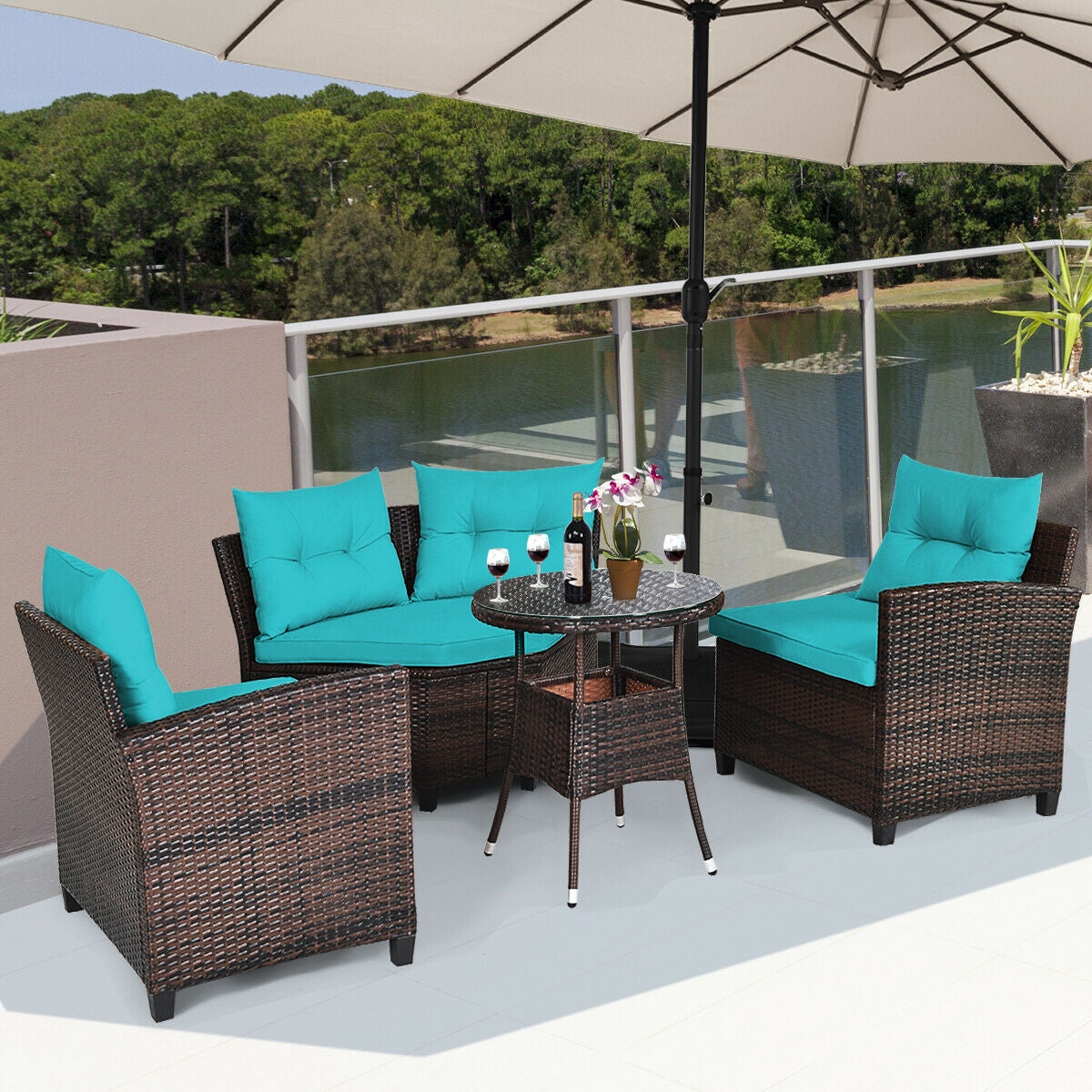 4 Pcs Outdoor Cushioned Rattan Furniture Set