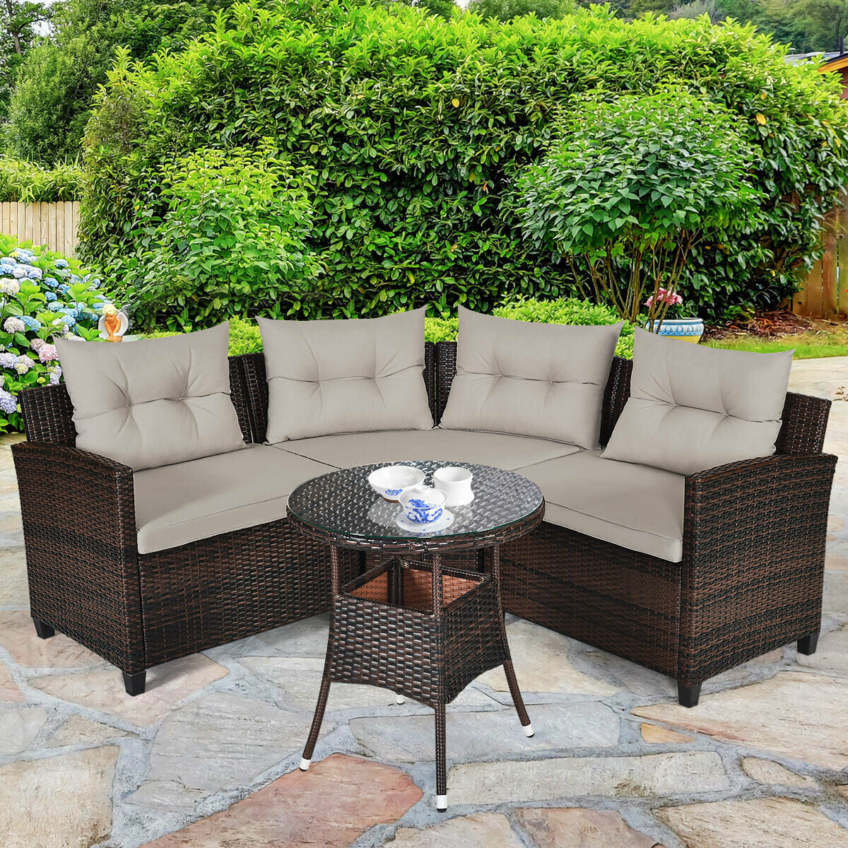 4 Pcs Outdoor Cushioned Rattan Furniture Set