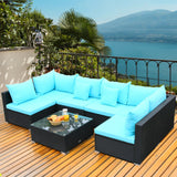 7-Piece Outdoor Sectional Wicker Patio Sofa Set with Tempered Glass Top