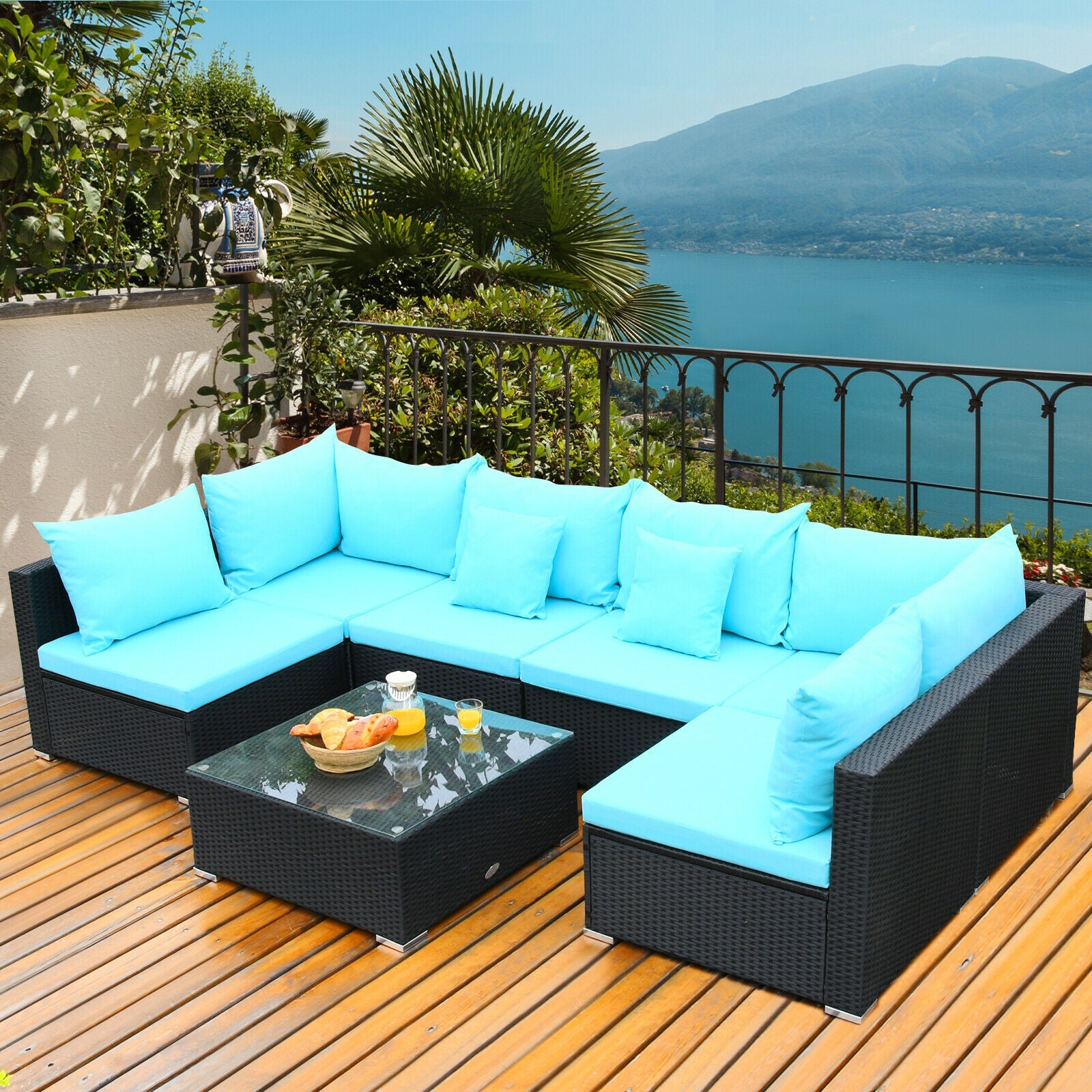 7-Piece Outdoor Sectional Wicker Patio Sofa Set with Tempered Glass Top