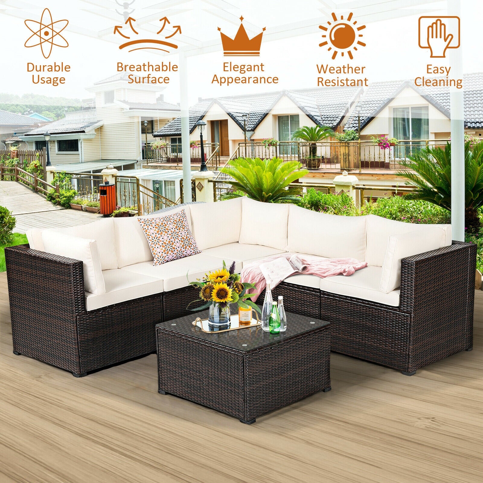 6 Pieces Patio Furniture Sofa Set with Cushions for Outdoor