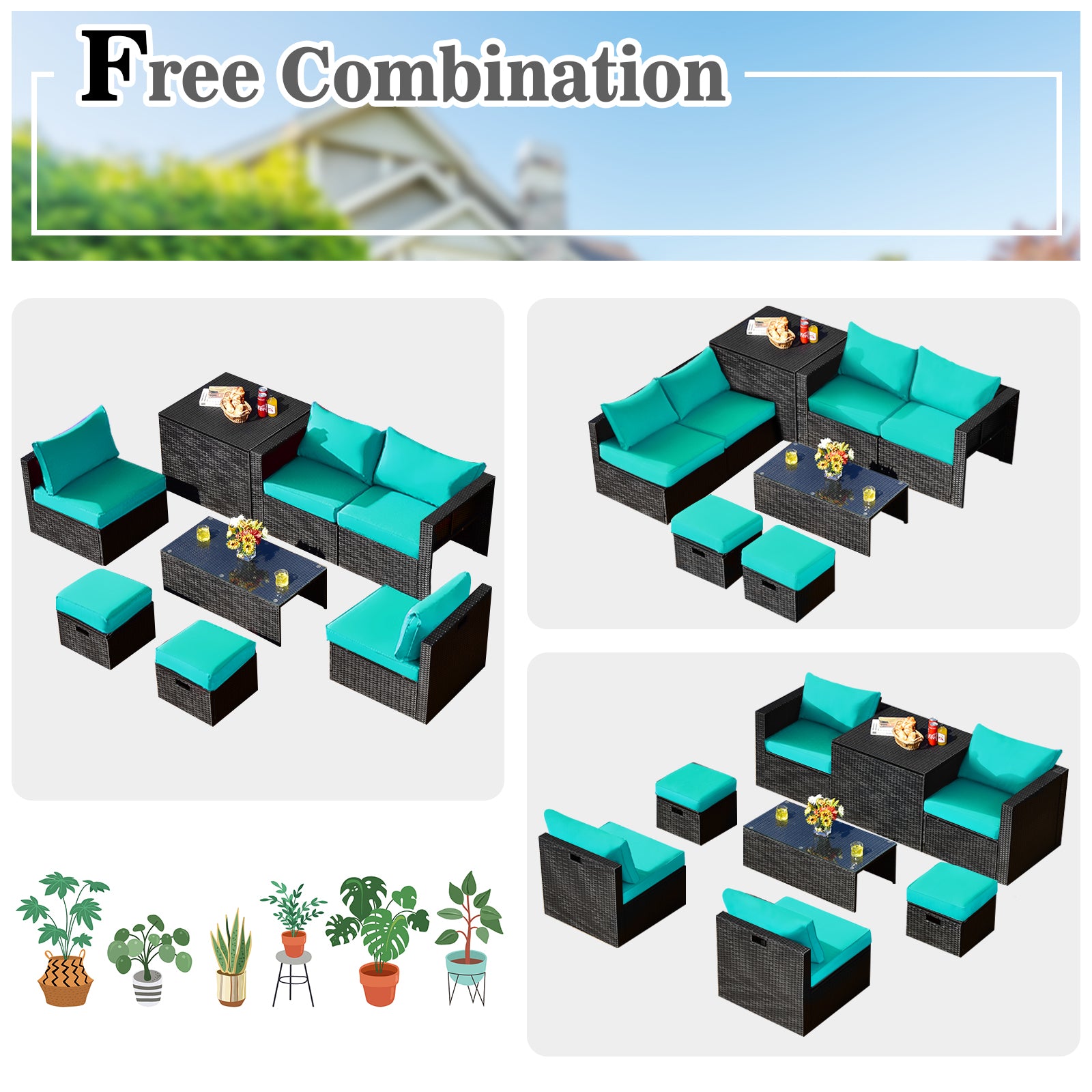 8 Pieces Patio Rattan Storage Table Furniture Set
