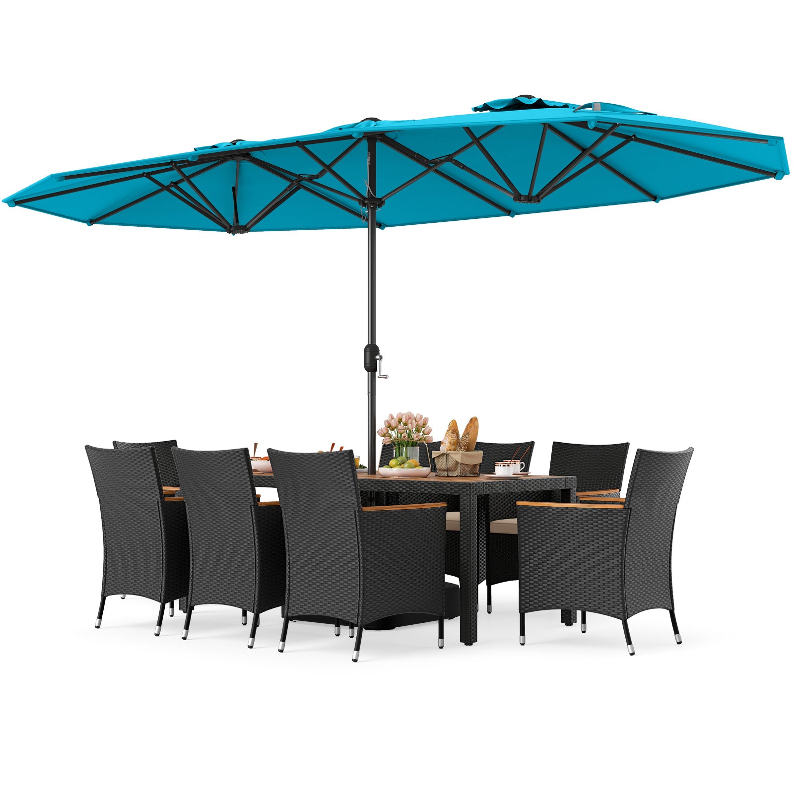 10 Piece Outdoor Dining Set with 15 Feet Double-Sided Twin Umbrella