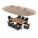 10 Piece Outdoor Dining Set with 15 Feet Double-Sided Twin Umbrella