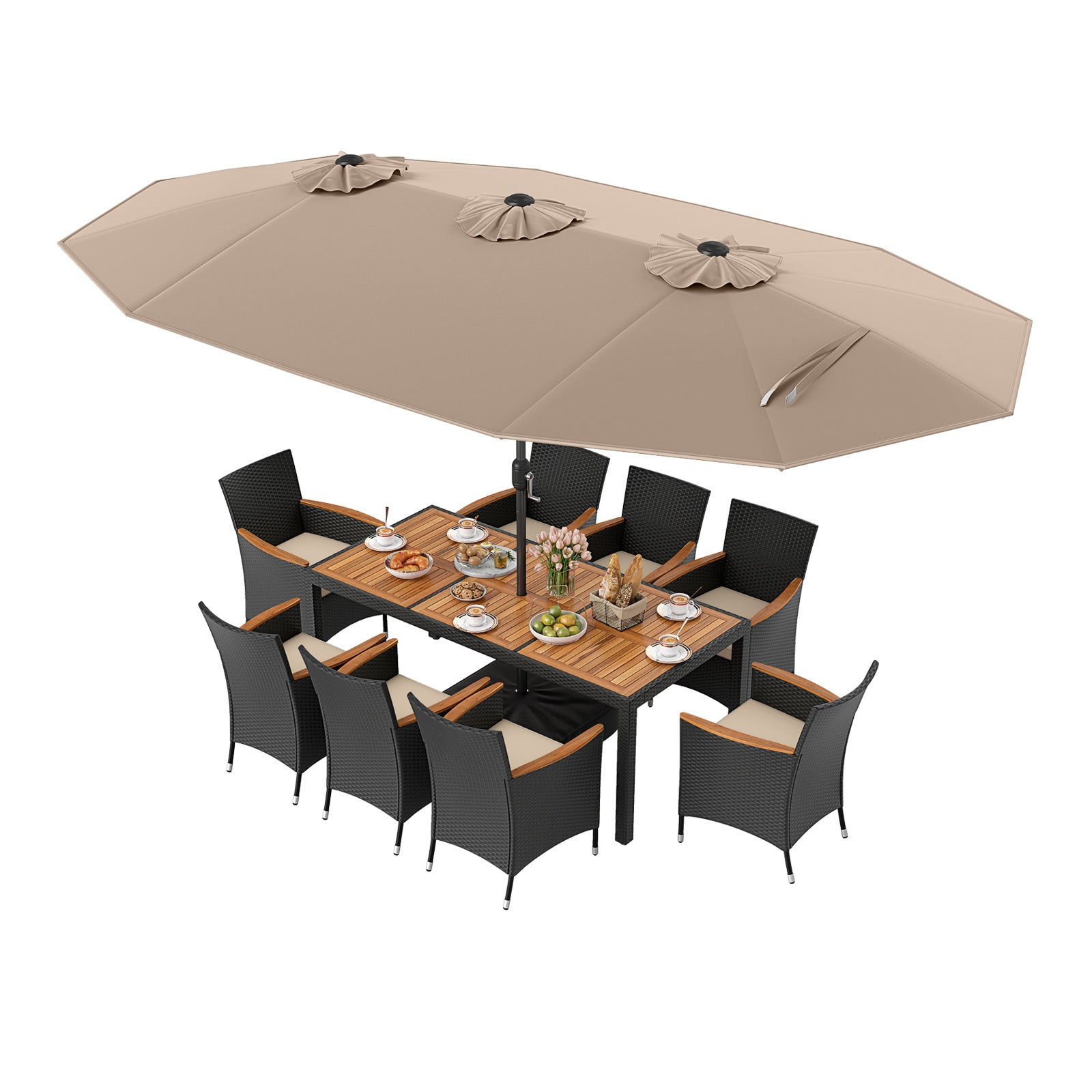 10 Piece Outdoor Dining Set with 15 Feet Double-Sided Twin Umbrella