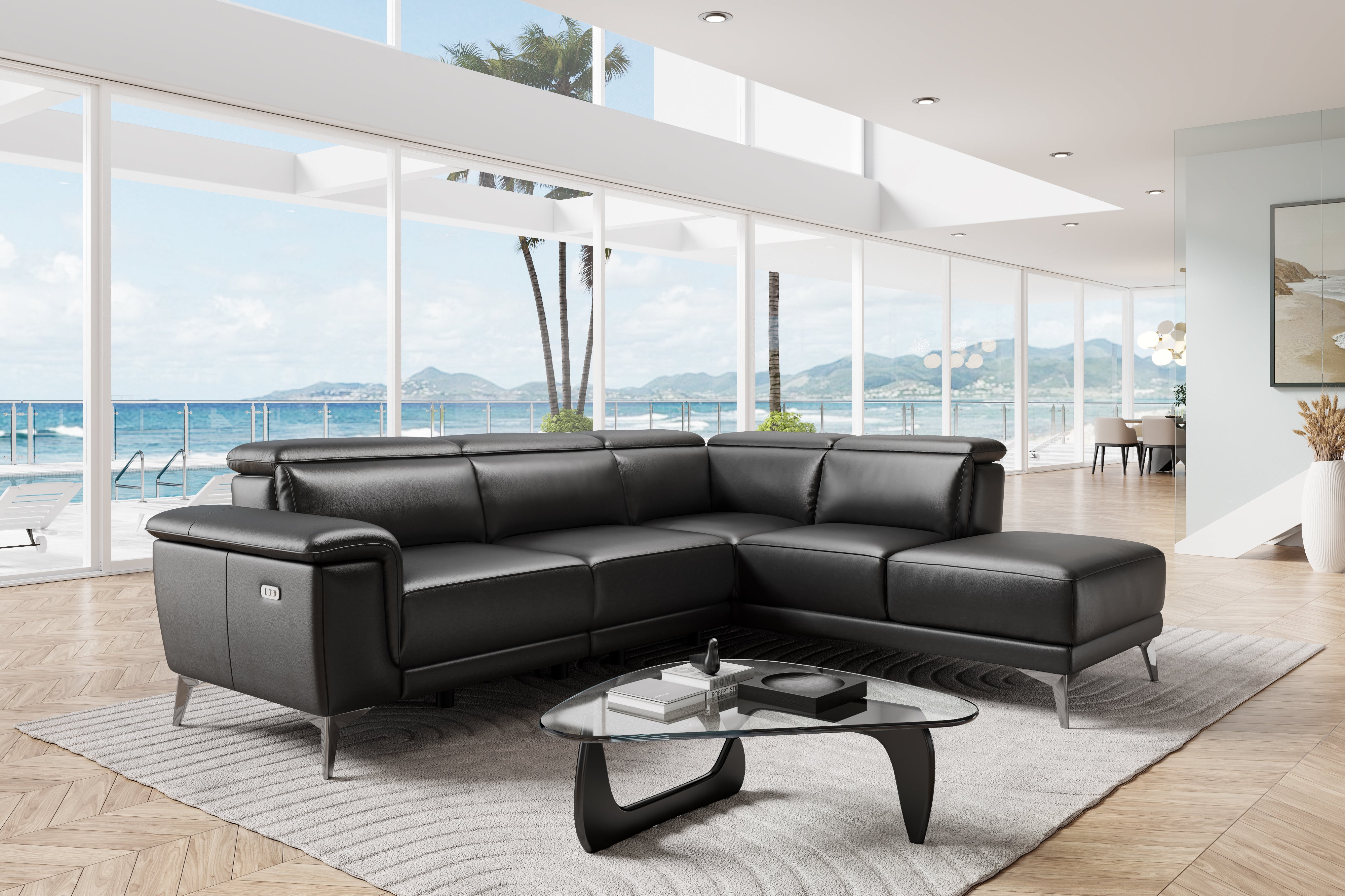 Pista Modern Top Grain Leather Right hand Facing Sectional Black