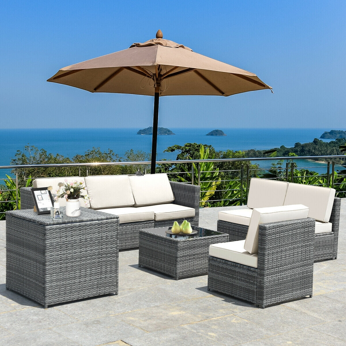 8 Piece Wicker Sofa Rattan Dinning Set Patio Furniture with Storage Table