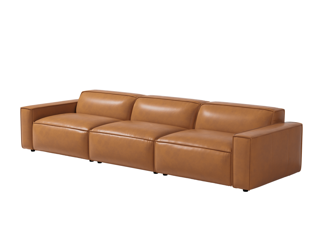 Valencia Nathan Full Aniline Leather Modular Sofa with Down Feather, Three Seats, Caramel Brown Color