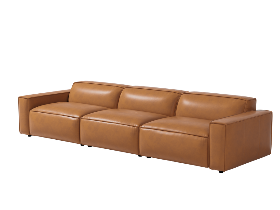 Valencia Nathan Full Aniline Leather Modular Sofa with Down Feather, Three Seats, Caramel Brown Color