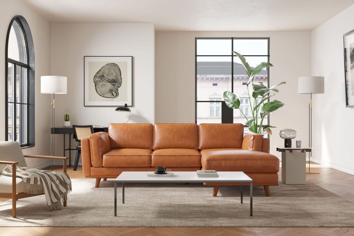 Valencia Artisan Top Grain Leather Three Seats with Right Chaise Leather Cognac Sofa Scene map