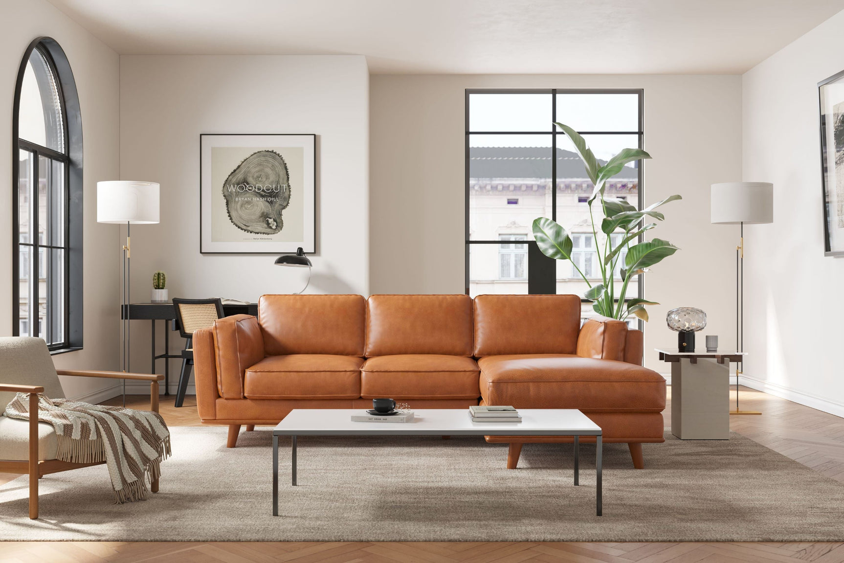 Valencia Artisan Top Grain Leather Three Seats with Right Chaise Leather Cognac Sofa Scene map