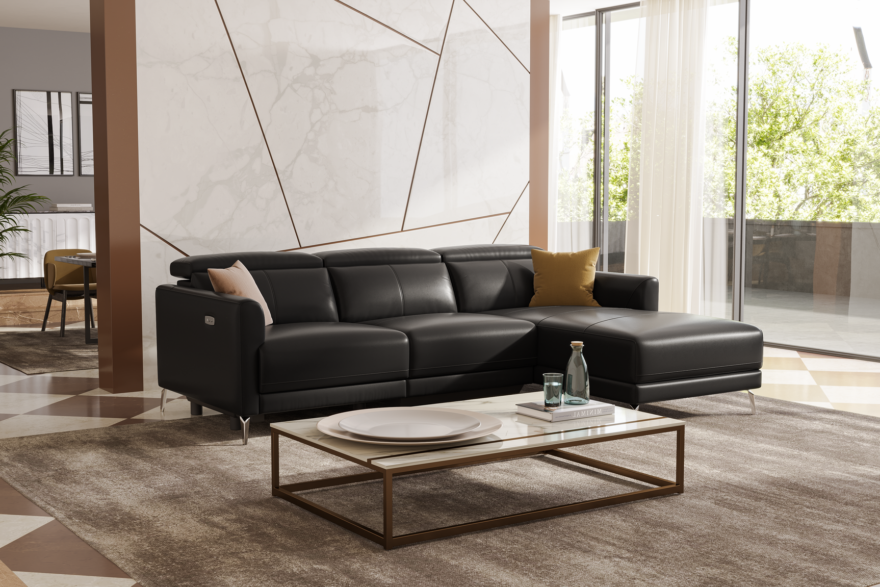 Valencia Andria Black Leather Reclining Sectional Sofa | Modern Luxury Right side Scene diagram 