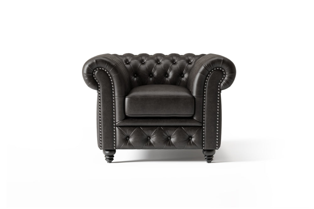 Valencia Parma Full Aniline Leather Chesterfield Single Sofa Accent Chair, Black Color