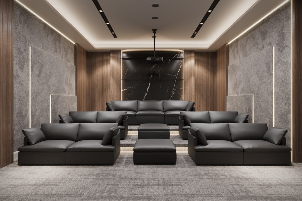 Valencia Isola Cloud Top Grain Leather Theater Lounge Modular Sofa Three Seats and 3 Ottomans, Black Color