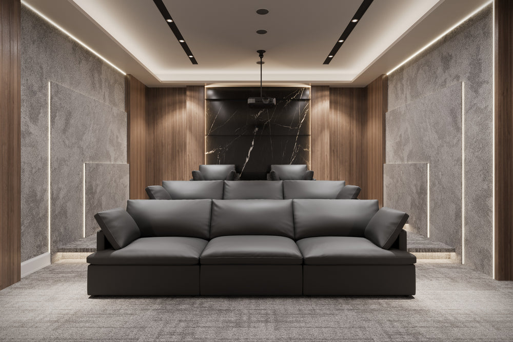 Valencia Isola Cloud Top Grain Leather Theater Lounge Modular Sofa Left Modular, Black Color