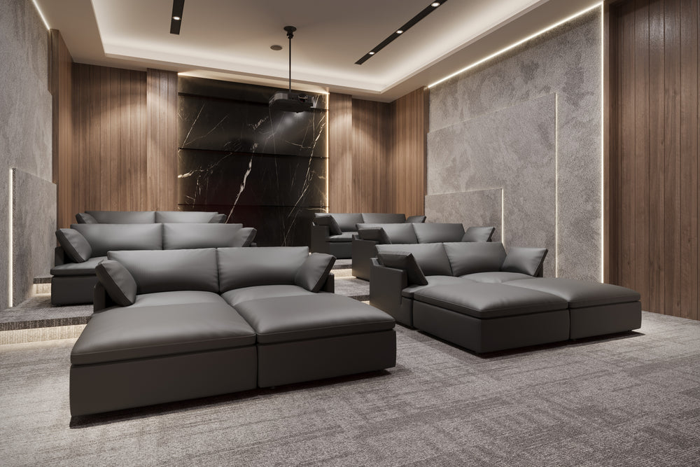 Valencia Isola Cloud Top Grain Leather Theater Lounge Modular Sofa Three Seats and 3 Ottomans, Black Color