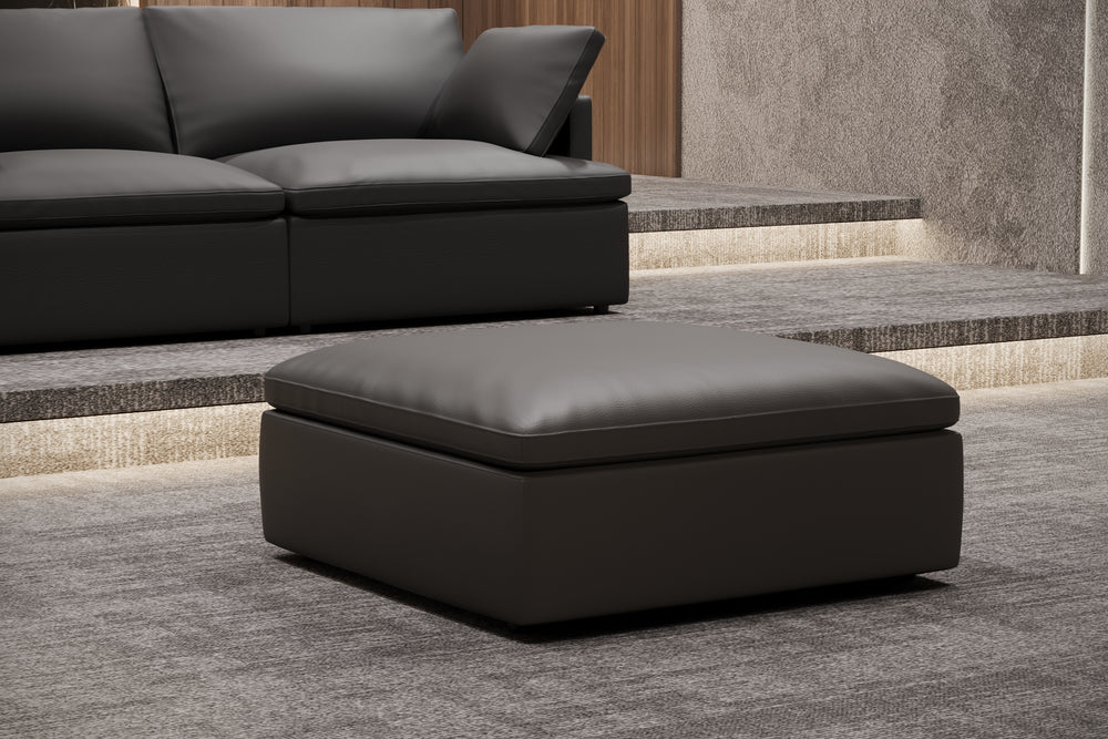 Valencia Isola Cloud Top Grain Leather Theater Lounge Modular Sofa Three Seats and 3 Ottomans, Black Color