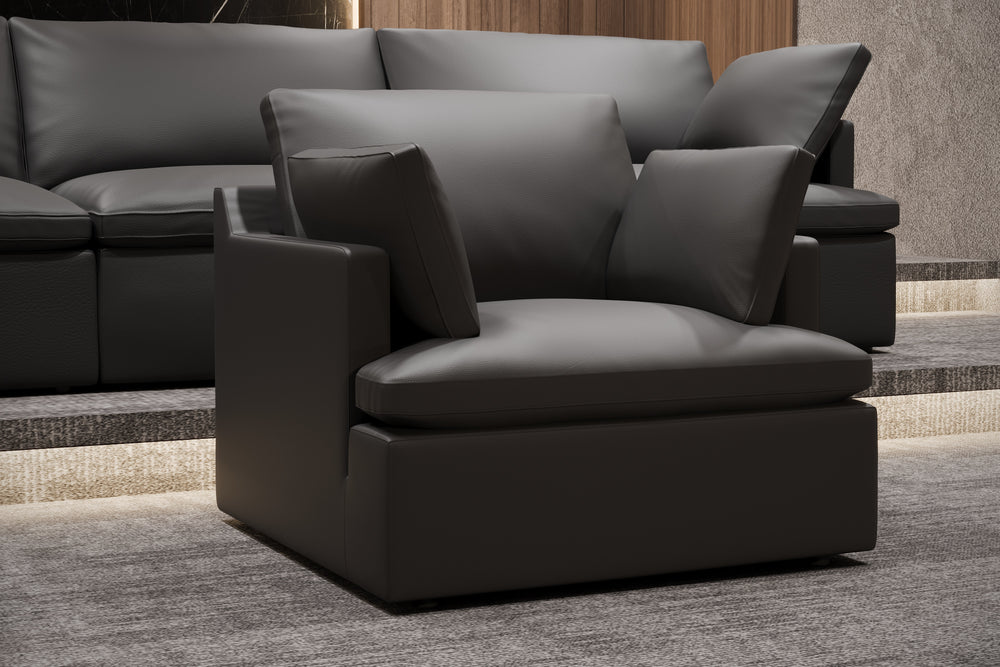 Valencia Isola Cloud Top Grain Leather Theater Lounge Modular Sofa Accent Chair, Black Color