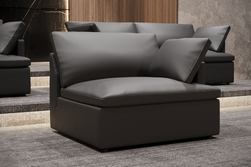 Valencia Isola Cloud Top Grain Leather Theater Lounge Modular Sofa Three Seats and 3 Ottomans, Black Color