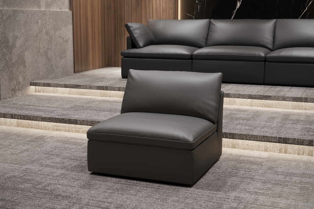 Valencia Isola Cloud Top Grain Leather Theater Lounge Modular Sofa Single Seat Armless, Black Color