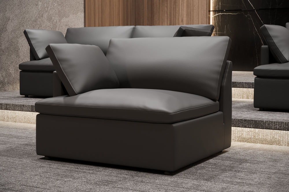 Valencia Isola Cloud Top Grain Leather Theater Lounge Modular Sofa L Shape, Black Color