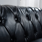 Deep button tufting across the black faux-leather backrest