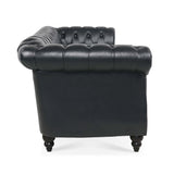 Black Chesterfield sofa side profile with rolled arm and birch legs