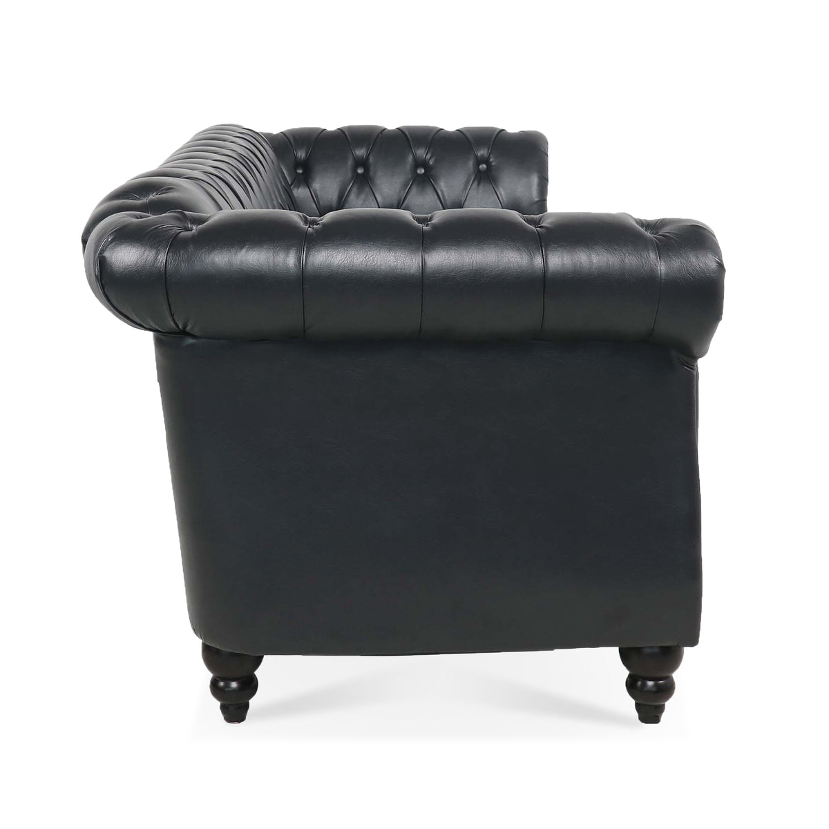 Black Chesterfield sofa side profile with rolled arm and birch legs