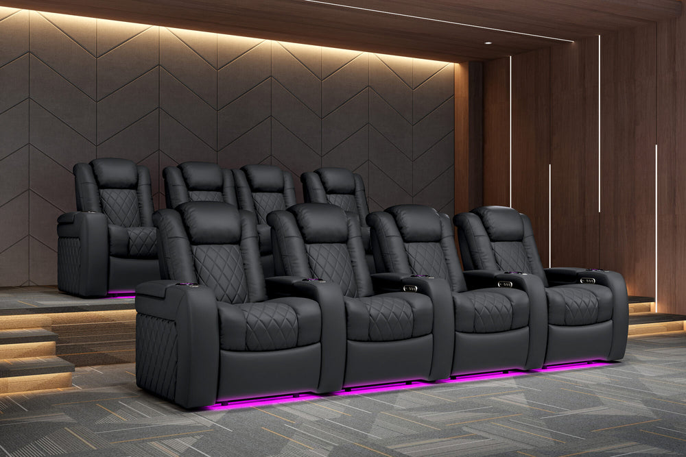 Valencia 2025 New Tuscany Leather Home Theater Seating Row of 4 Loveseat Left, Charcoal Grey