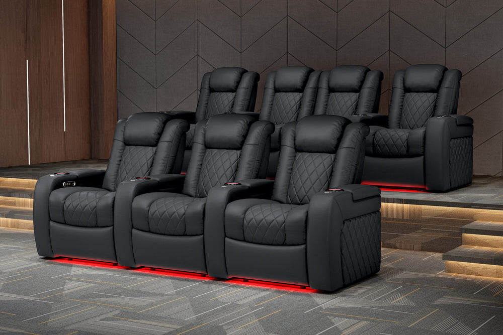 Valencia 2025 New Tuscany Leather Home Theater Seating Row of 4 Loveseat Left, Charcoal Grey