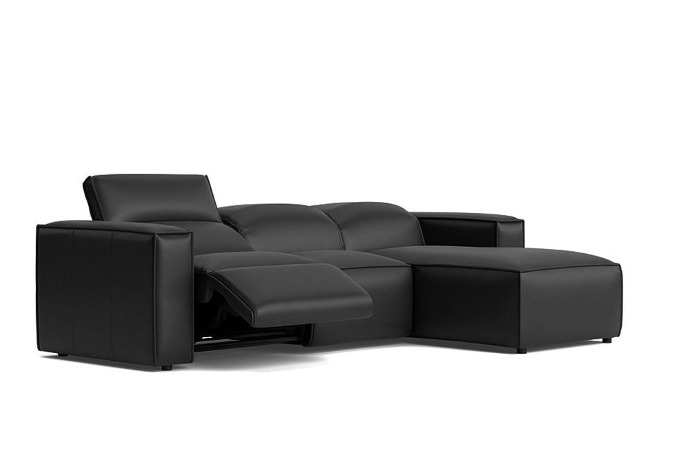 Valencia Emery Leather Sectional Sofa, Recliner Three Seats with Right Chaise, Black