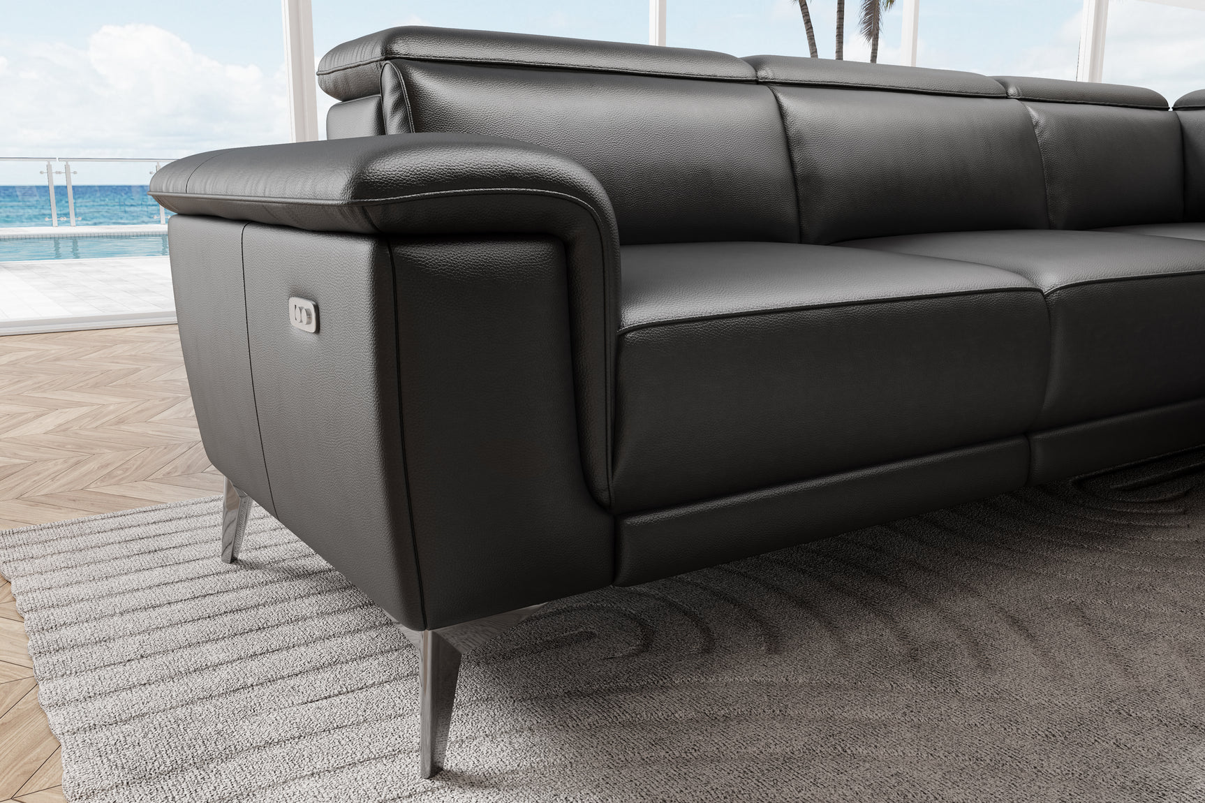 Valencia Pista Modern Top Grain Leather Reclining Sectional Sofa with Right-Hand Facing Chaise, Cognac Detailed drawing
