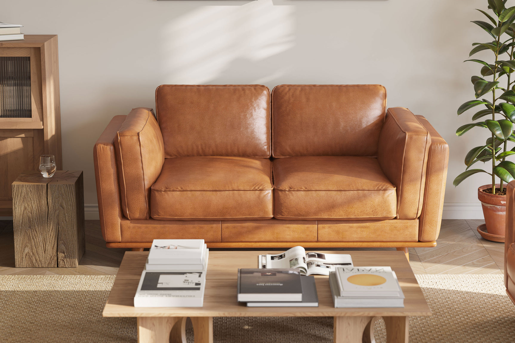 Valencia Artisan Top Grain Leather Loveseat Cognac Sofa Scene map