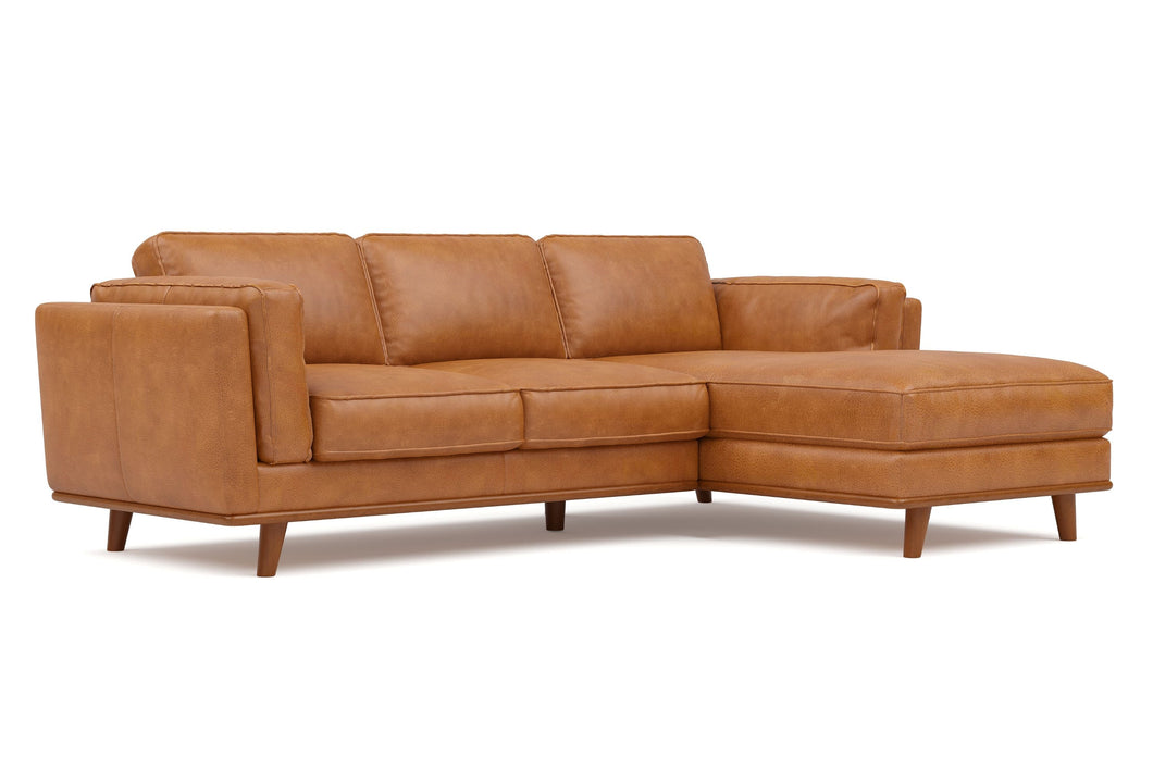 Valencia Artisan Top Grain Leather Three Seats with Right Chaise Leather Cognac Sofa White background diagram