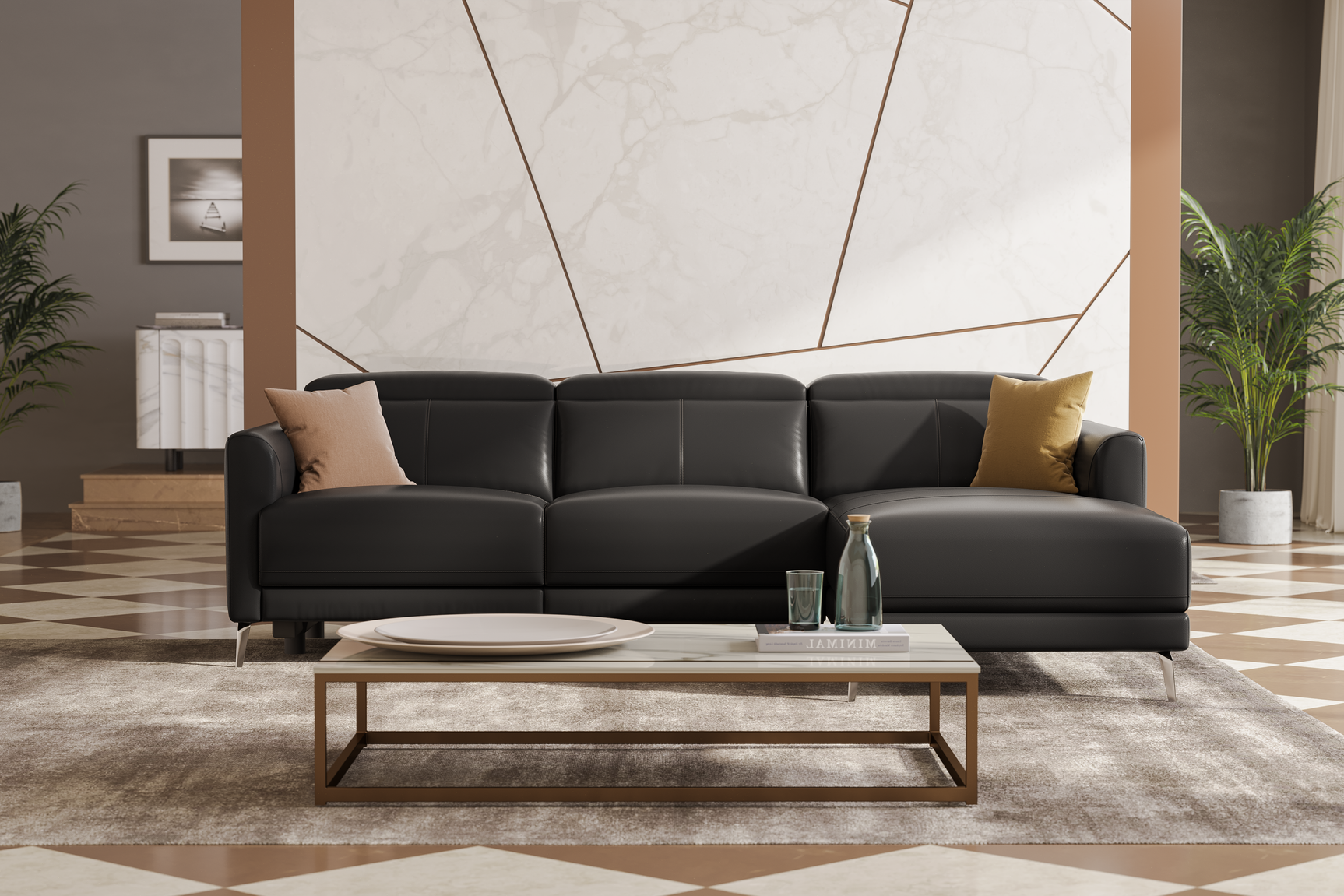 Valencia Andria Black Leather Reclining Sectional Sofa | Modern Luxury Front View Scene diagram 
