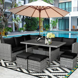 7 Pieces Patio Rattan Dining Furniture Sectional Sofa Set with Wicker Ottoman