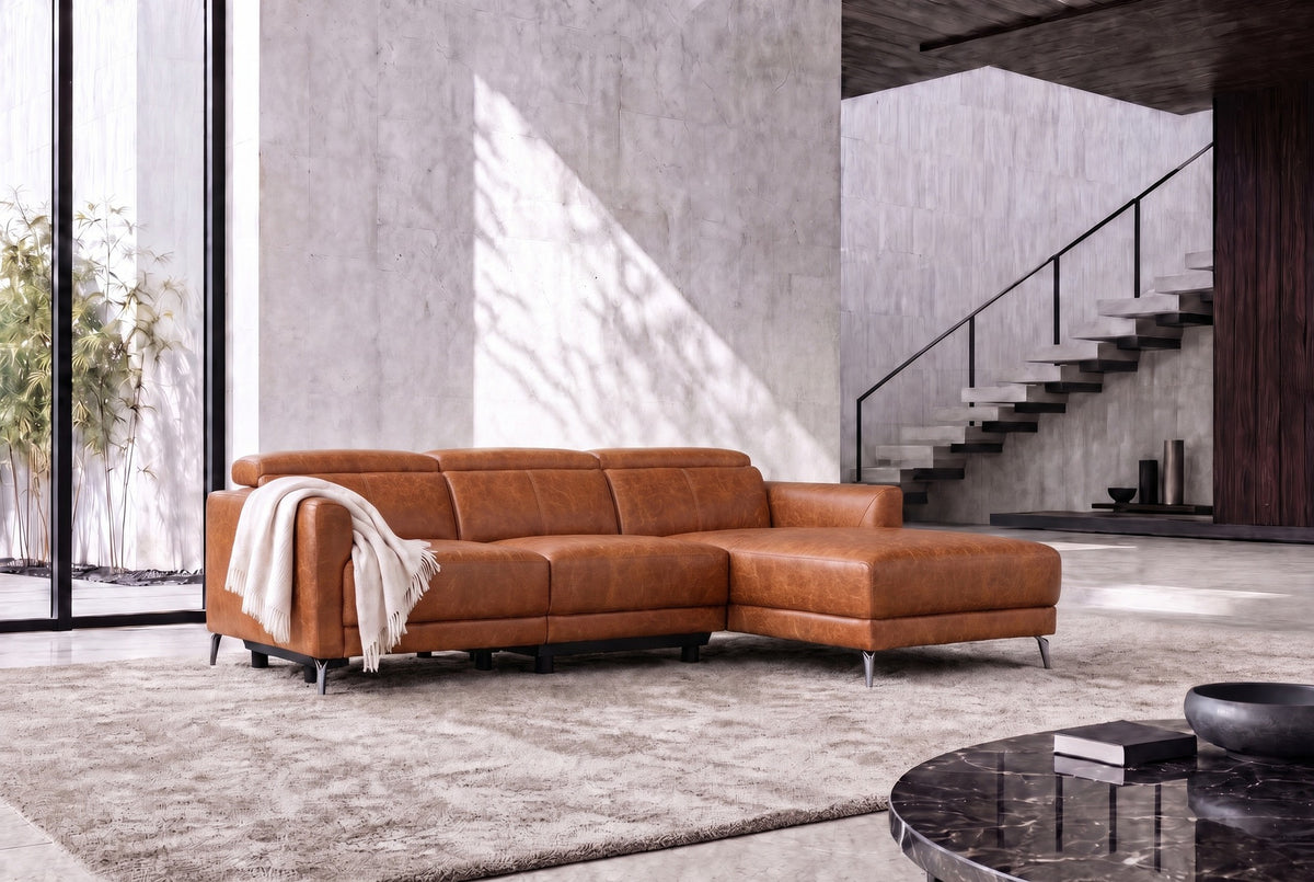 Andria Distressed Italian Aniline Leather Power Reclining Sectional Sofa