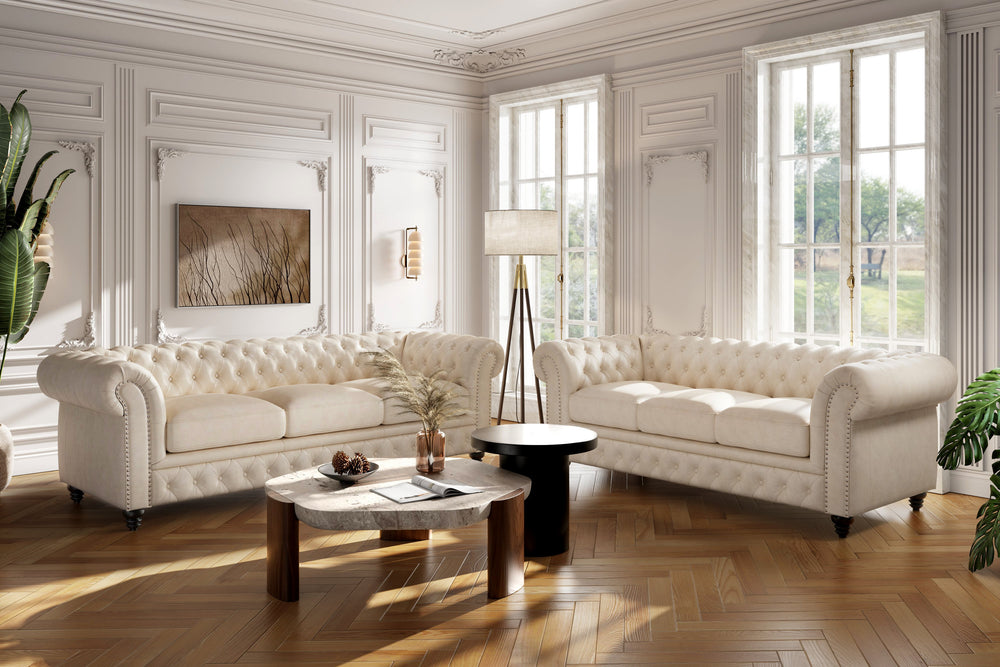 Valencia Parma 92" Full Aniline Leather Chesterfield Three Seats Sofa, Antique White Color