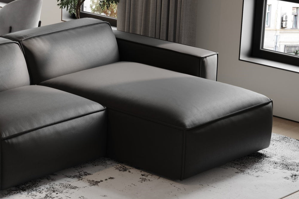 Valencia Nathan Full Aniline Leather Modular Sofa with Down Feather, Row of 4 with 2 Chaises, Black Color